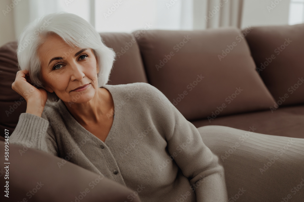Sad tired ill sick lonely disappointed caucasian old elderly senior woman grandmother sitting on the sofa couch, feeling nostalgy, pain, missing grandchildren, bankruptcy, fraud at home. Generative ai Sad tired ill sick lonely disappointed caucasian old elderly senior woman grandmother sitting on the sofa couch, feeling nostalgy, pain, missing grandchildren, bankruptcy, fraud at home. Generative ai