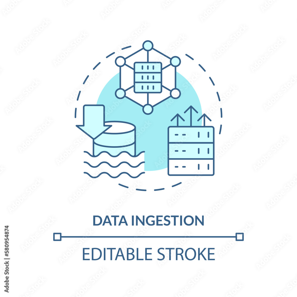 Data ingestion turquoise concept icon. Information transportation. Data lake abstract idea thin line illustration. Isolated outline drawing. Editable stroke. Arial, Myriad Pro-Bold fonts used