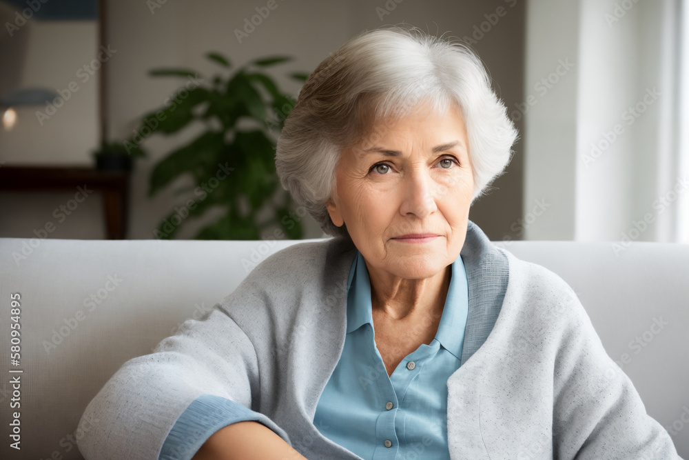 Sad tired ill sick lonely disappointed caucasian old elderly senior woman grandmother sitting on the sofa couch, feeling nostalgy, pain, missing grandchildren, bankruptcy, fraud at home. Generative ai Sad tired ill sick lonely disappointed caucasian old elderly senior woman grandmother sitting on the sofa couch, feeling nostalgy, pain, missing grandchildren, bankruptcy, fraud at home. Generative ai