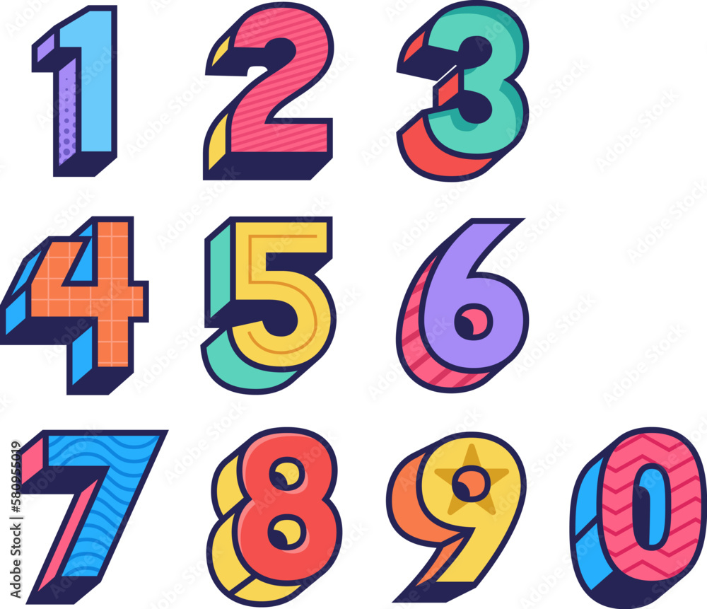Set of colorful numbers in 3d playful and fun style