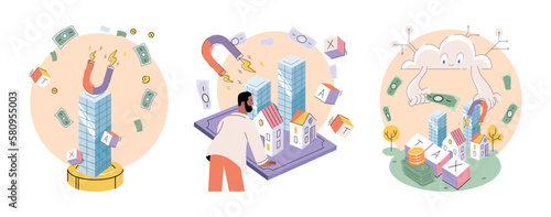 Businessman investor with coins. Employee or entrepreneur puts money in piles, calculates profit. Financial literacy and passive income, successful investor. Person stands holding bag of money