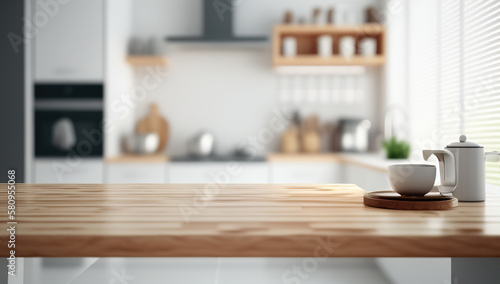 Wooden texture table top on blurred kitchen window background. For product display or design key visual layout. For showcase or montage your items  or foods . Product display mock up. Generative AI