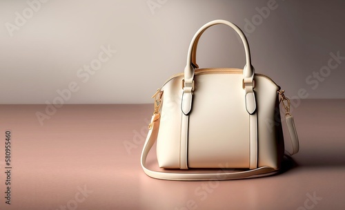 Beautiful trendy smooth youth women's handbag in cream color on a light grey studio background. AI generated.