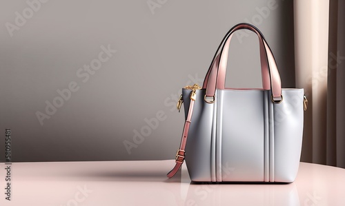 Beautiful trendy smooth youth women's handbag in light grey color on a light studio background. AI generated.