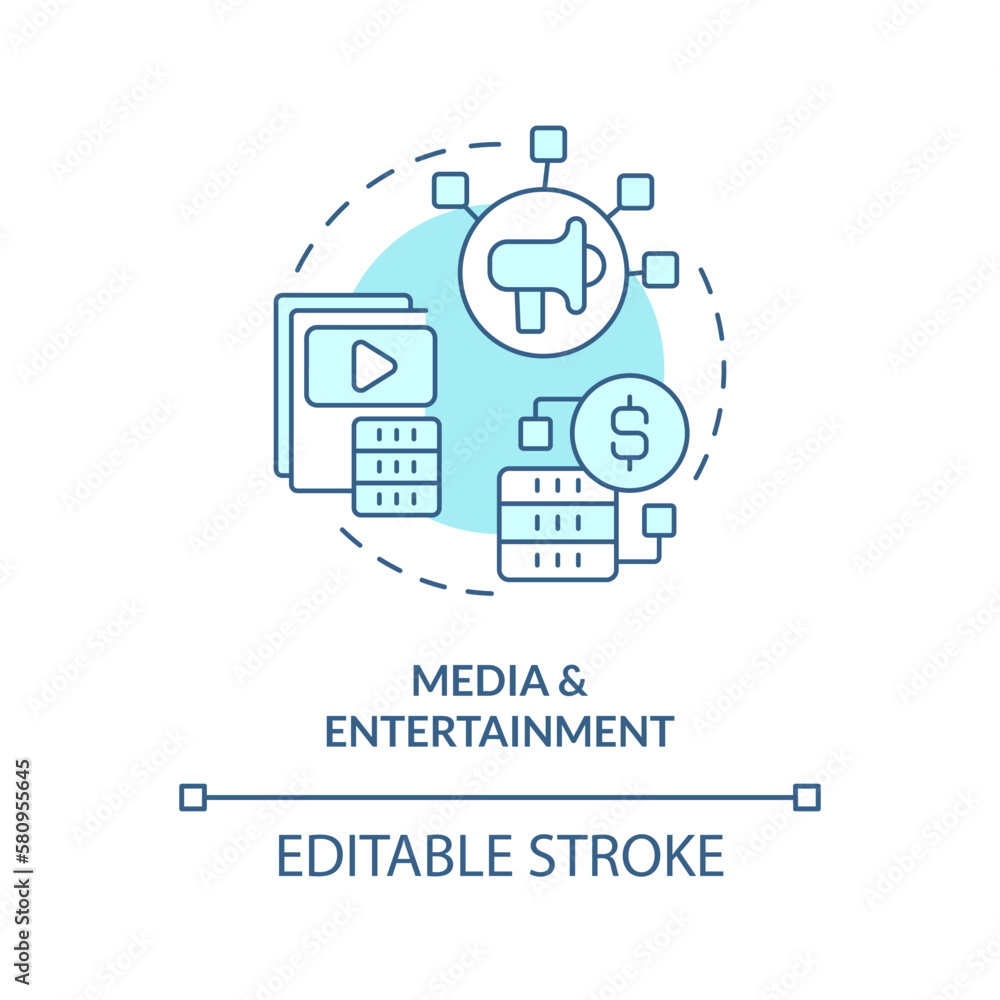 Media and entertainment turquoise concept icon. Data lake use case abstract idea thin line illustration. Isolated outline drawing. Editable stroke. Arial, Myriad Pro-Bold fonts used Media and entertainment turquoise concept icon. Data lake use case abstract idea thin line illustration. Isolated outline drawing. Editable stroke. Arial, Myriad Pro-Bold fonts used