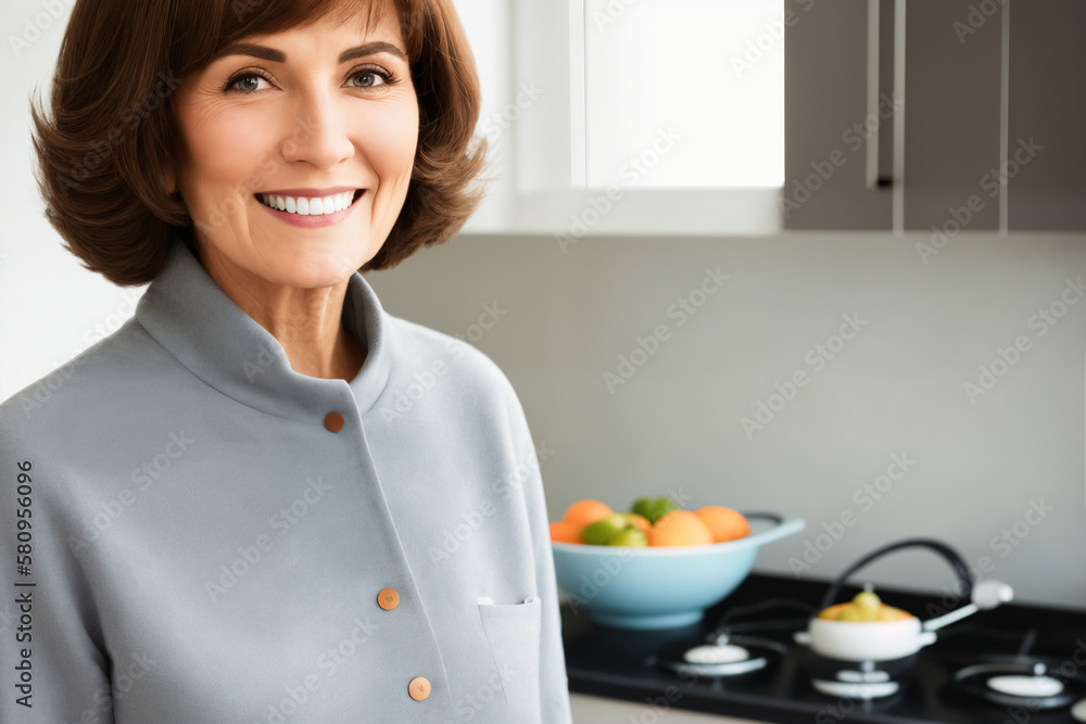 Beautiful senior mature woman preparing healthy and delicious food in a modern kitchen. Generative ai Beautiful senior mature woman preparing healthy and delicious food in a modern kitchen. Generative ai