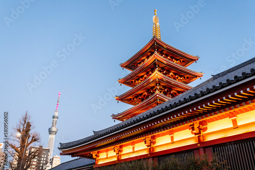 Photography Asakusa area at dusk in Tokyo with Senso-ji Pagoda, Japan