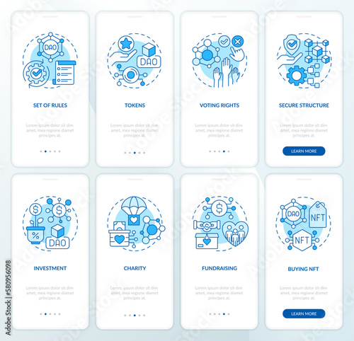 DAO elements and usage purpose blue onboarding mobile app screens set. Walkthrough 4 steps editable graphic instructions with linear concepts. UI, UX, GUI template. Myriad Pro-Bold, Regular fonts used