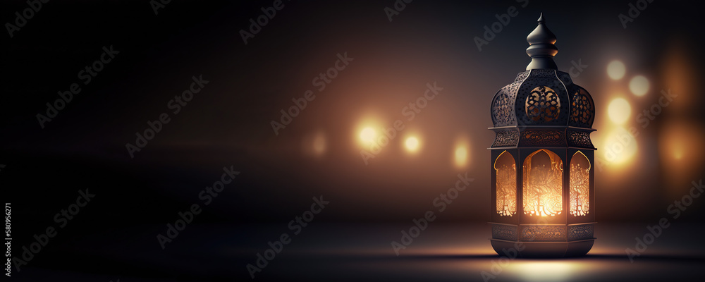 Obraz premium Arabic lantern Ramadan concept, copy space background. Generative AI