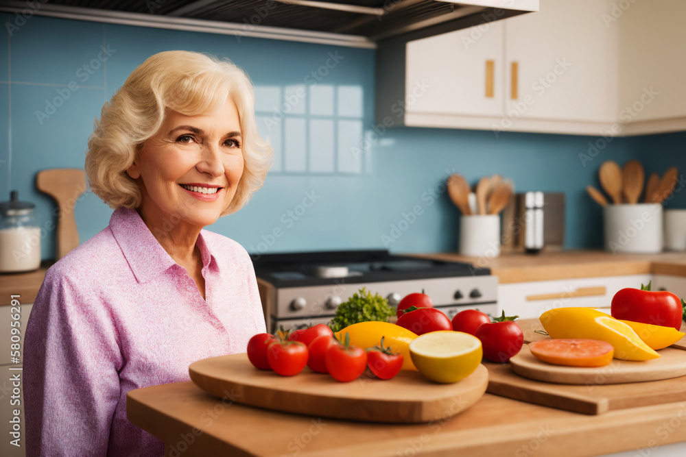 Beautiful senior mature woman preparing healthy and delicious food in a modern kitchen. Generative ai Beautiful senior mature woman preparing healthy and delicious food in a modern kitchen. Generative ai