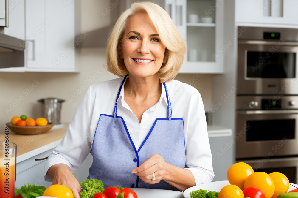 Beautiful senior mature woman preparing healthy and delicious food in a modern kitchen. Generative ai Beautiful senior mature woman preparing healthy and delicious food in a modern kitchen. Generative ai