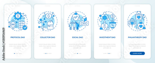 Types of DAOs blue onboarding mobile app screen. Internet industry walkthrough 5 steps editable graphic instructions with linear concepts. UI, UX, GUI template. Myriad Pro-Bold, Regular fonts used