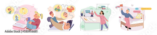 Children at home with phones and tablets set. Kids remote education, toddlers use smart technologies. Kids studying online, surfing social media, playing game, chatting by video call and use internet