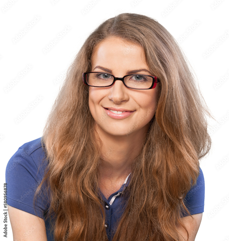 Young woman in glasses smiling isolated on white background