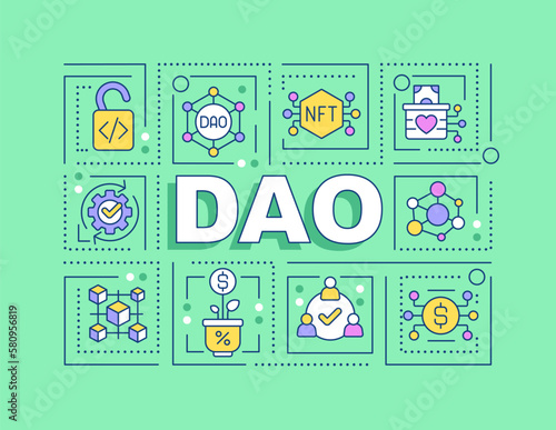 DAO word concepts green banner. Decentralized autonomous organizations. Infographics with editable icons on color background. Isolated typography. Vector illustration with text. Arial-Black font used