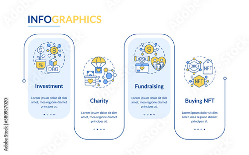 DAO usage purpose rectangle infographic template. Internet business. Data visualization with 4 steps. Editable timeline info chart. Workflow layout with line icons. Lato-Bold, Regular fonts used