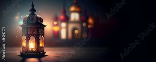 Arabic lantern Ramadan concept, copy space background. Generative AI © Hayatun