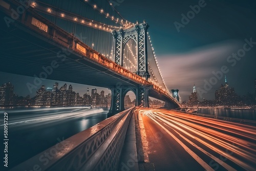 Majestic Manhattan Bridge Illuminated by Cars, AI Generated © Digital Dreamscape