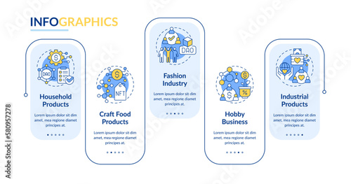 Types of DAOs rectangle infographic template. Internet industry. Data visualization with 5 steps. Editable timeline info chart. Workflow layout with line icons. Lato-Bold, Regular fonts used