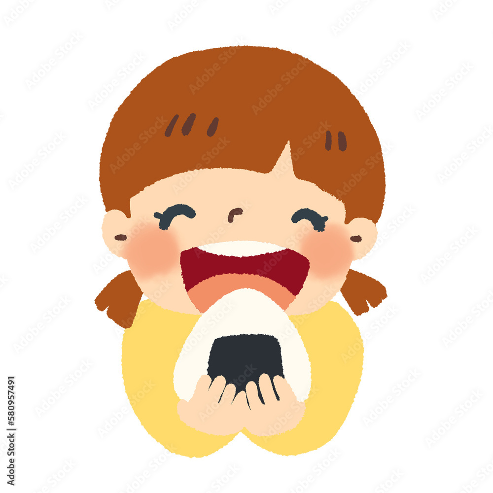 Fototapeta premium おにぎりを美味しそうに食べる女の子のイラスト