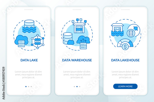 Data repositories blue onboarding mobile app screen. Digital storage walkthrough 3 steps editable graphic instructions with linear concepts. UI, UX, GUI template. Myriad Pro-Bold, Regular fonts used