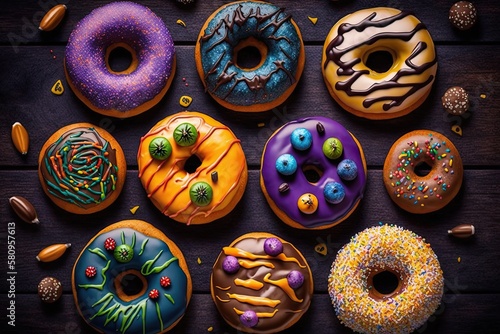 Halloween doughnuts in various flavors on a wooden table. Generative AI