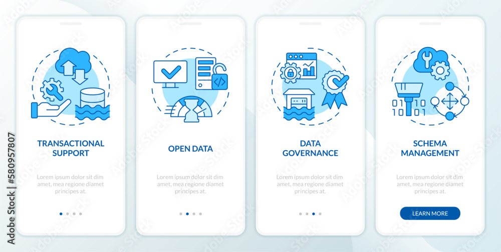 Data lakehouse blue onboarding mobile app screen. Architecture walkthrough 4 steps editable graphic instructions with linear concepts. UI, UX, GUI template. Myriad Pro-Bold, Regular fonts used