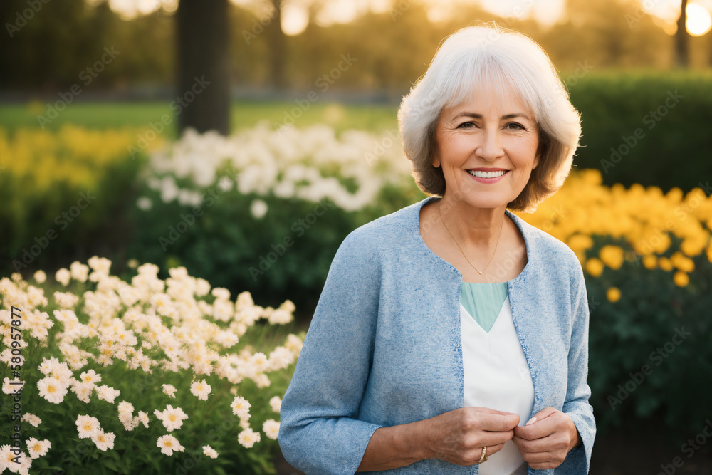 Portrait of an attractive elegant senior woman relaxing in a flowered garden. Generative ai Portrait of an attractive elegant senior woman relaxing in a flowered garden. Generative ai