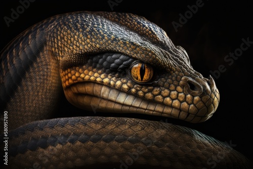King cobra snake's head in closeup, as well as its face and other reptiles, in closeup on a dark background. Generative AI