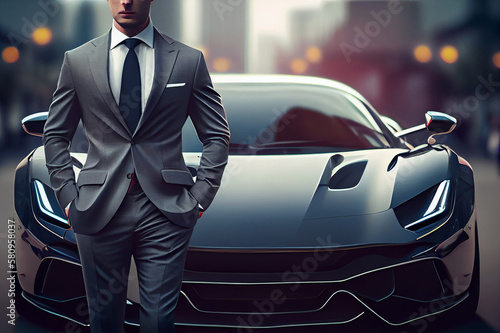 businessman dressed in expensive suit stands against of expensive supercar photo