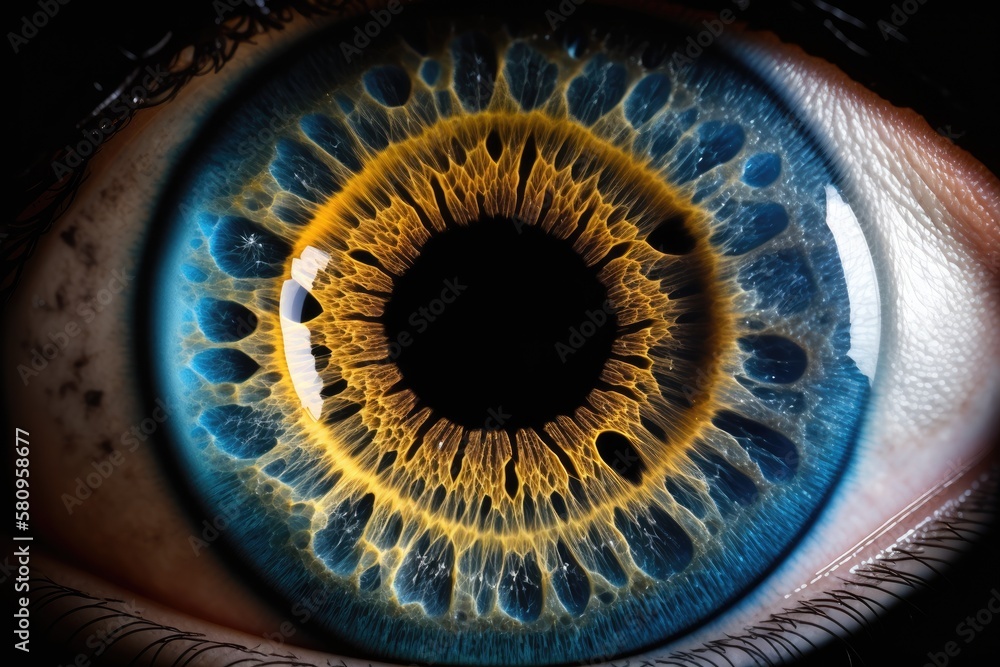 huge eyes, iris pupil, blue yellow color. Generative AI
