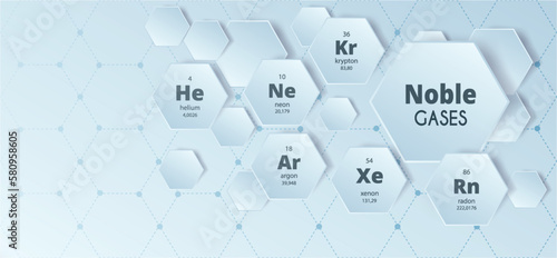 Noble gases. Helium, argon, neon, krypton, xenon, radon. Chemical elements in hexagons. Chemical background. Educational concept. Vector illustration
