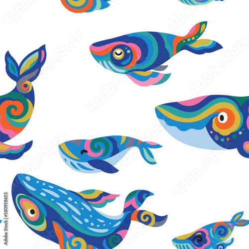 Seamless vector pattern with bright whales with folk ornaments inside