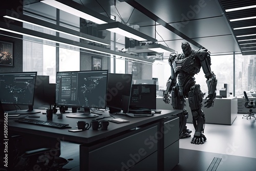 a futuristic open office with hulking robots and automated systems, churning out high-tech gadgets., created with generative ai