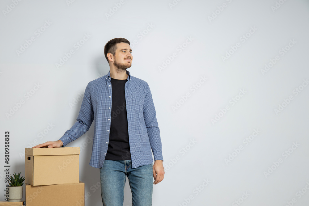 Concept of move with young man on light background