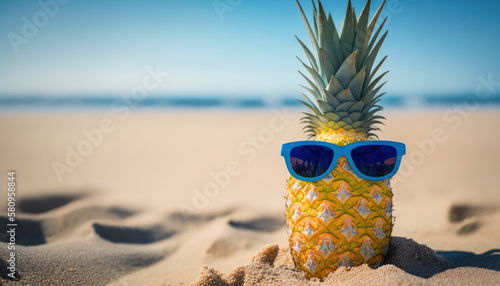 Pineapple wearing sunglasses on tropical beach abstract background. Generative ai