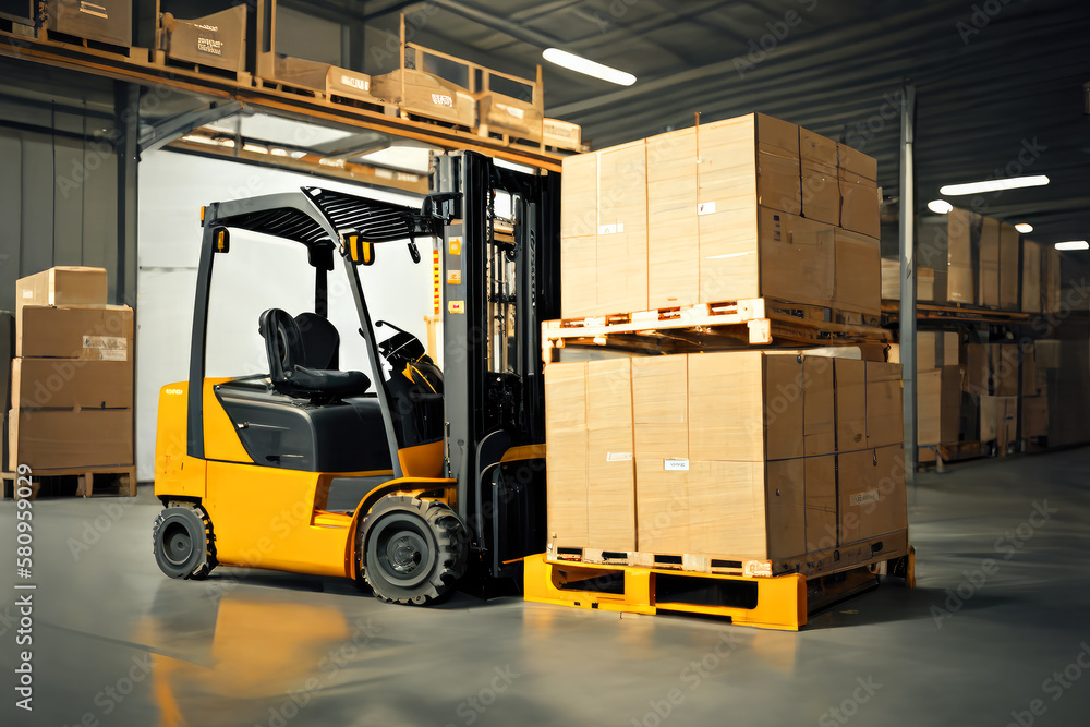 Forklift loads pallets and boxes in warehouse . ai generative