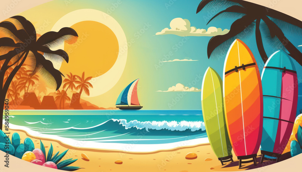 Surfboard on tropical beach abstract background. Graphic illustration design. Generative ai