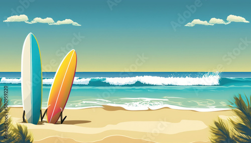 Surfboard on tropical beach abstract background. Graphic illustration design. Generative ai