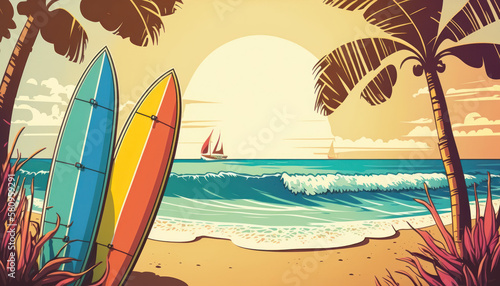 Surfboard on tropical beach abstract background. Graphic illustration design. Generative ai