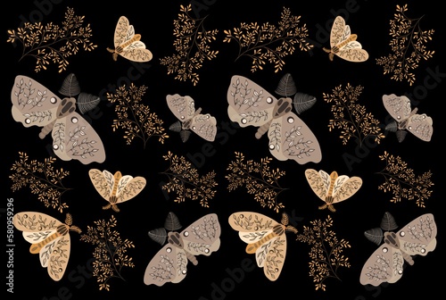 Seamless pattern with moths and golden branches with leaves on black background