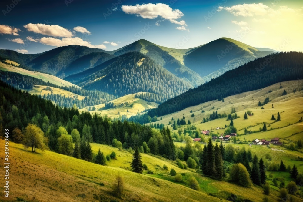 Beautiful mountain scenery is present on this sunny day. Ukraine, the Ukraine, and Europe. beauty industry. Generative AI