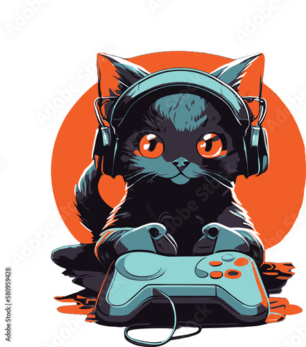 Cat gamer with game joystick plays on game console..