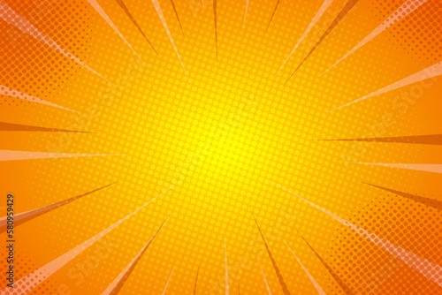 Pop up halftone texture yellow comic book starburst rays retro orange backgrounds comic style superhero text, speech bubble, message design vector illustration. Cartoon funny retro pattern strip