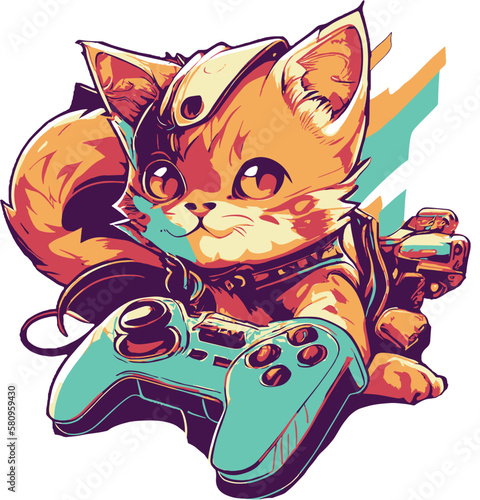 Cat gamer with game joystick plays on game console..