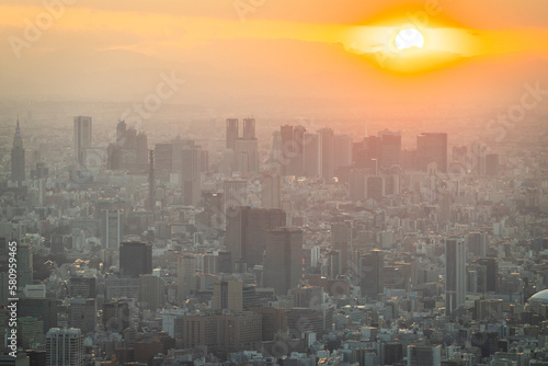 Tokyo from above at sunset in Japan.