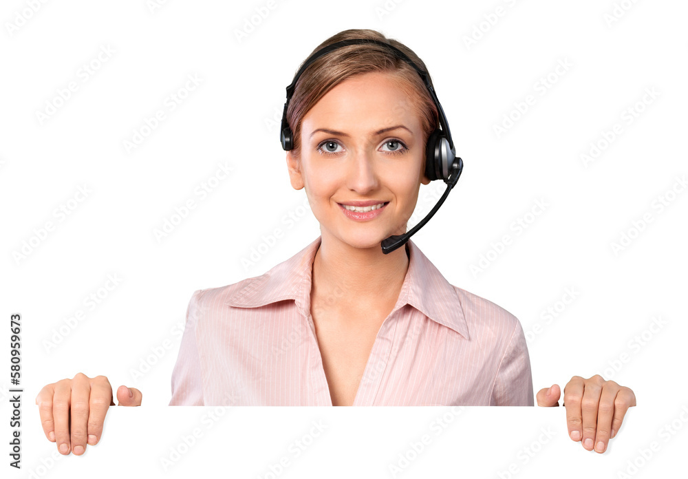 Portrait of a Female Phone Operator in Headset Behind Blank Wall Portrait of a Female Phone Operator in Headset Behind Blank Wall