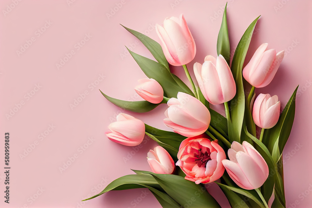 Bouquet of pastel pink tulips on a pastel pink background. Valentine's Day, Easter, Birthday, Women's Day, Mother's Day. Flat lay, top view, copy space. Generative AI Bouquet of pastel pink tulips on a pastel pink background. Valentine's Day, Easter, Birthday, Women's Day, Mother's Day. Flat lay, top view, copy space. Generative AI