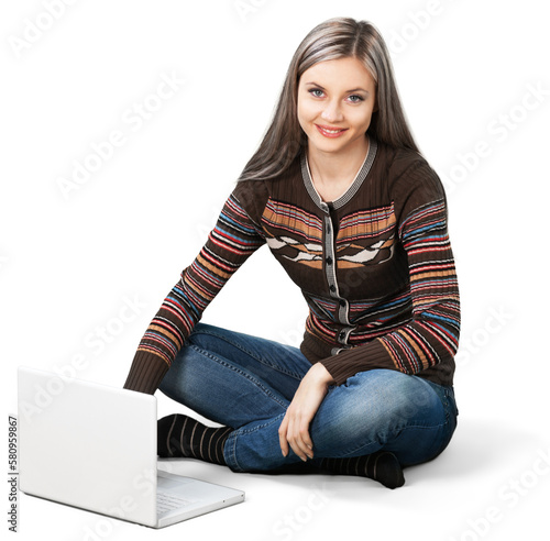 Woman Sitting with Legs Crossed with a Laprop - Isolated