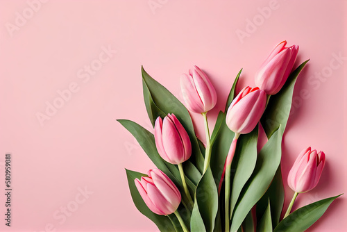 Bouquet of pink tulips on a pastel pink background. layout. top view, copy space. flat layout. Horizontal greeting card template. Generative AI